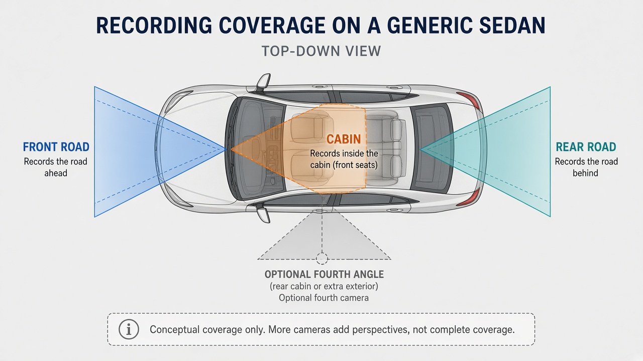 Diagram of front-road, rear-road, and cabin dash cam coverage for rideshare