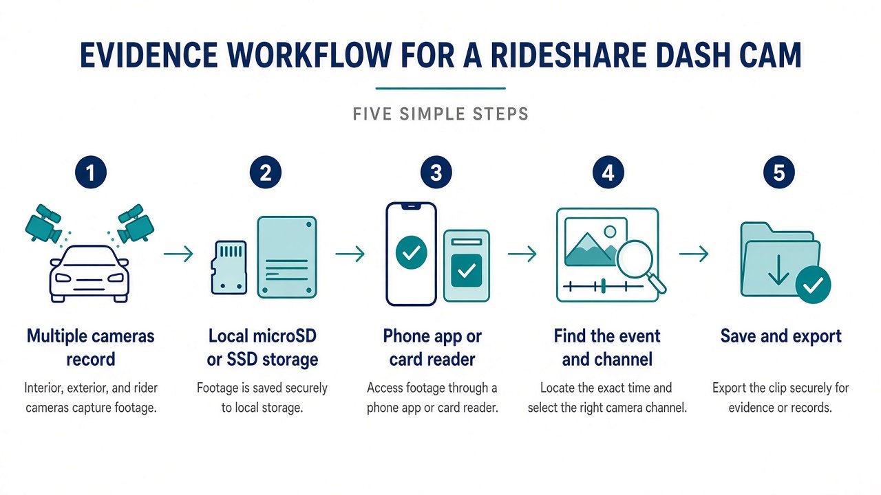 Workflow from multi-camera recording to finding and exporting a dash cam clip