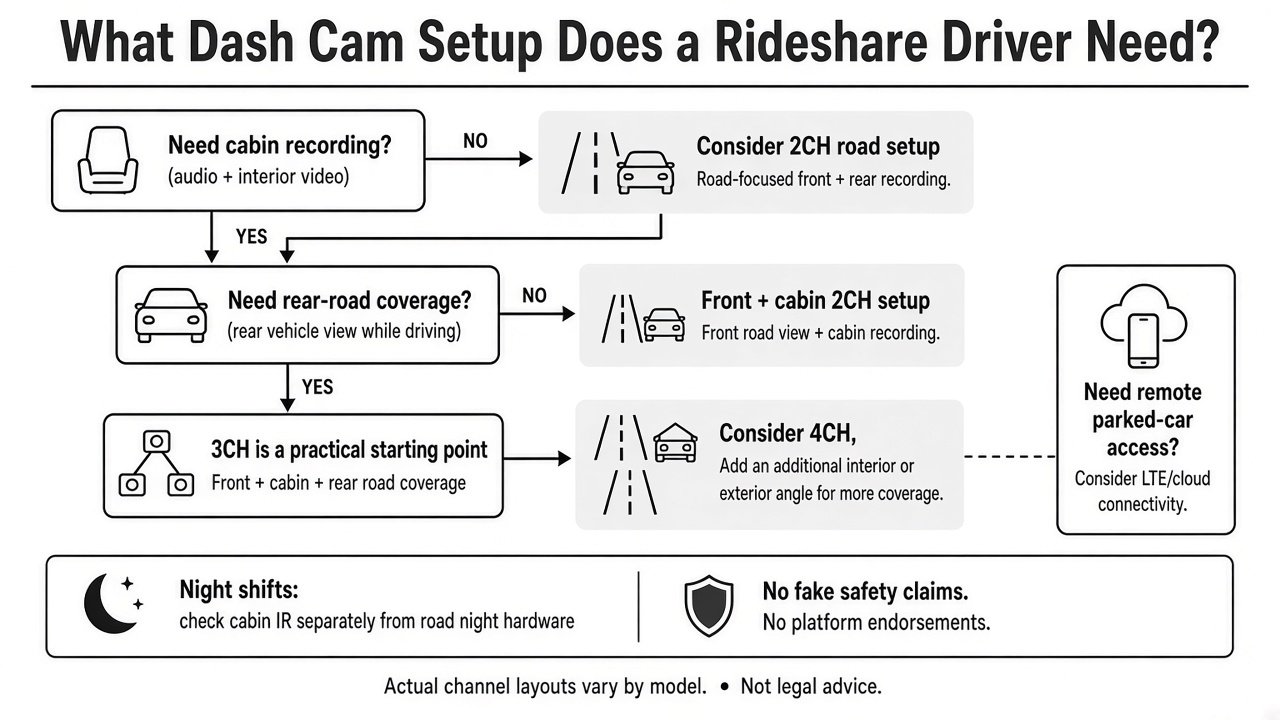 Decision flowchart for 2-channel, 3-channel, 4-channel, or LTE rideshare dash cams