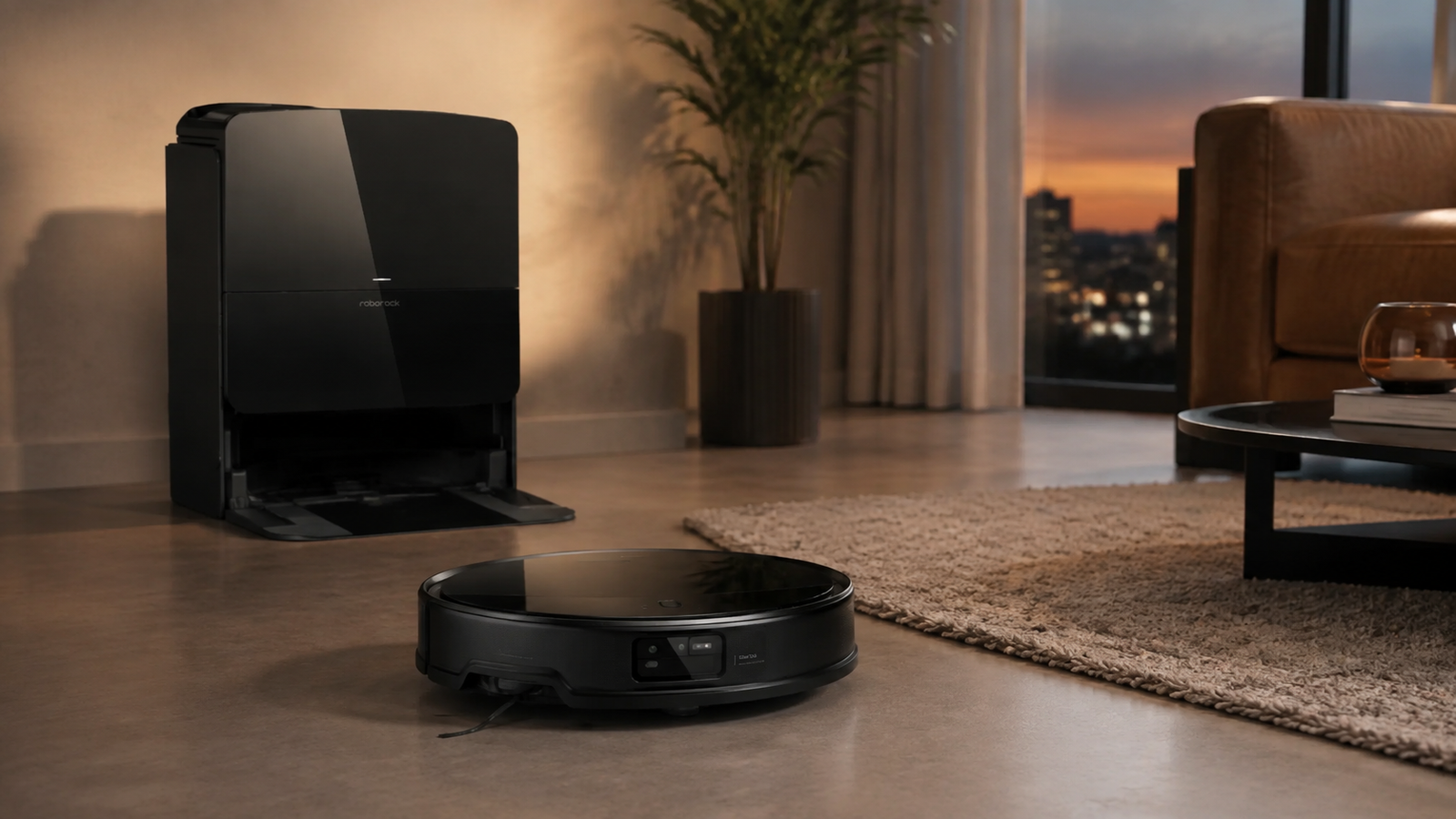 Roborock Saros 10R approaching a medium-pile rug with its automated dock behind it
