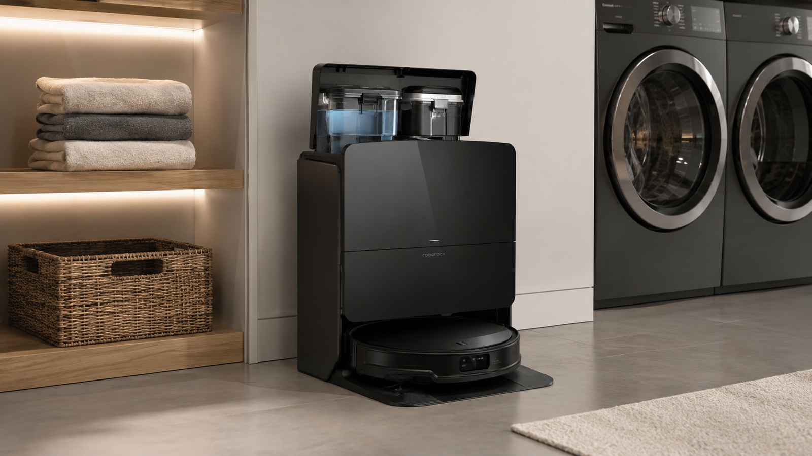 Roborock Saros 10R Multifunctional Dock 4.0 in a laundry area with water tanks visible