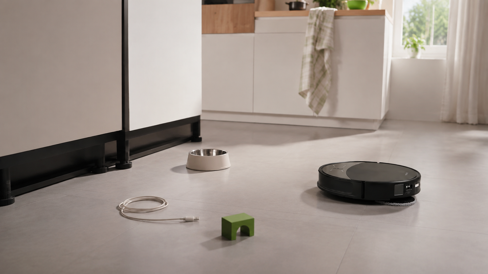 Roborock Saros 10R navigating around a cable, toy block, and pet bowl