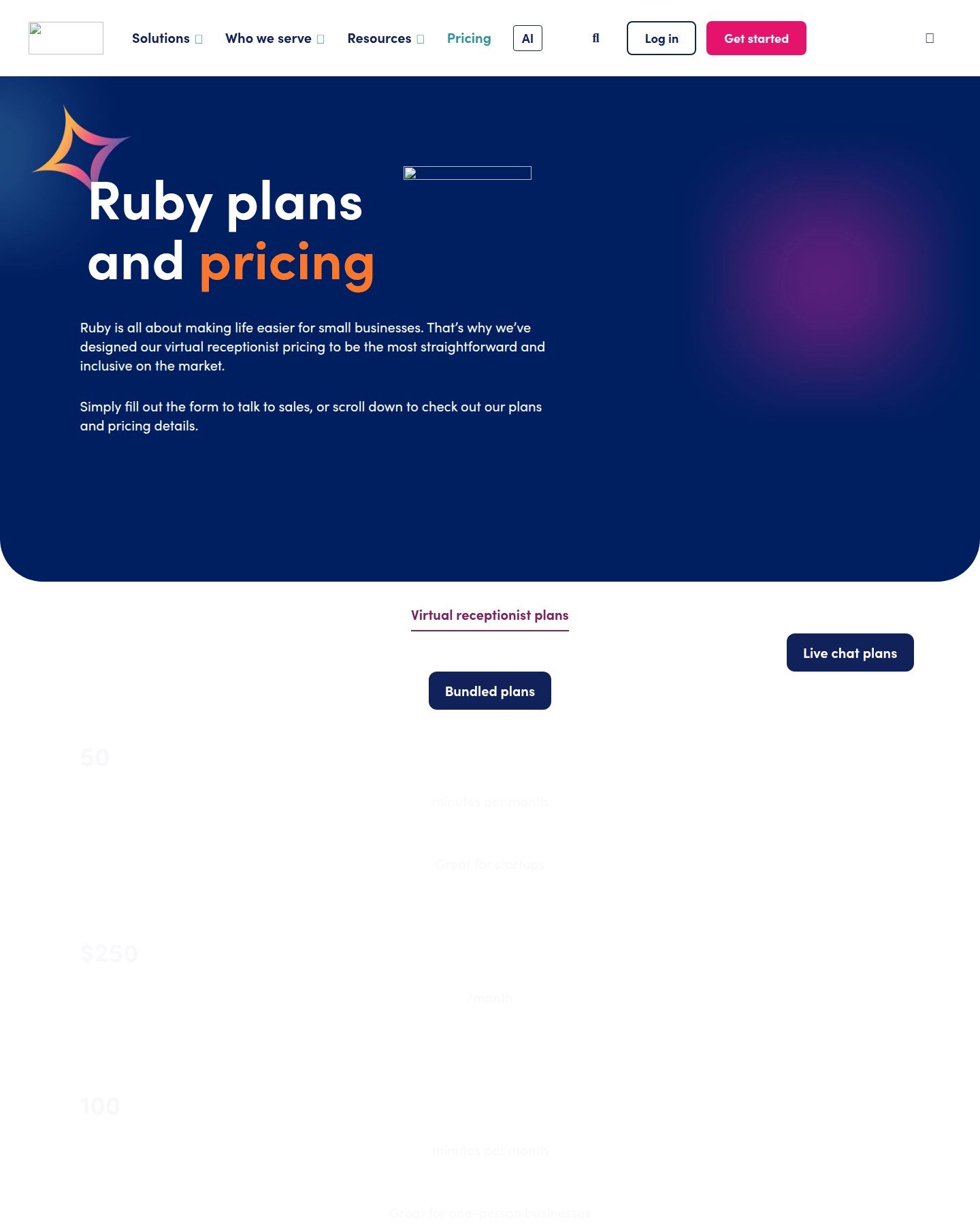 Ruby official plans and pricing page for virtual receptionists