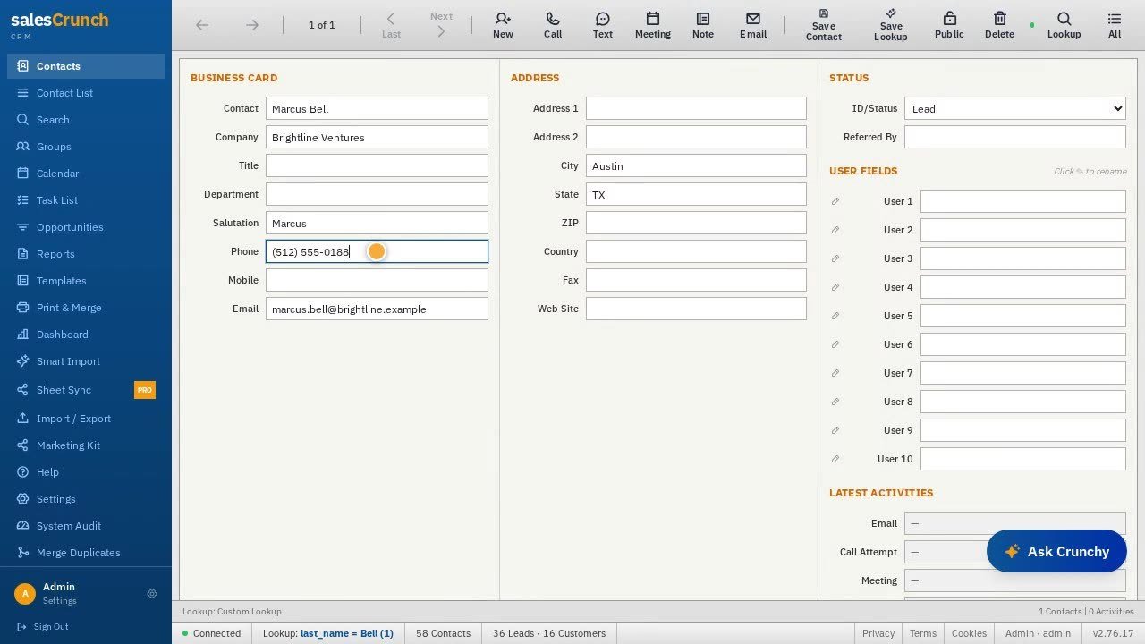 SalesCrunch three-column contact card with status and user fields