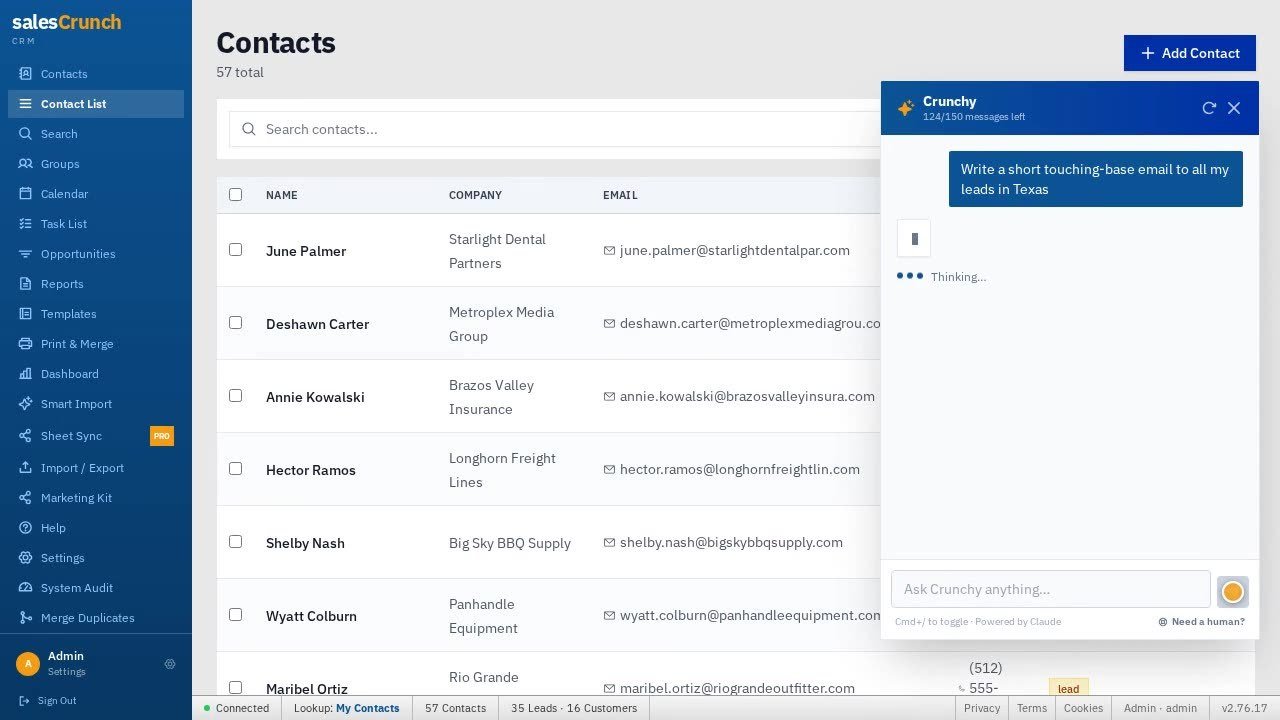 SalesCrunch contact list with Crunchy AI assistant drafting email