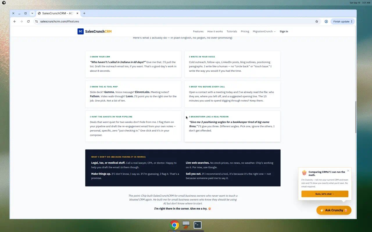 SalesCrunch Features section describing Crunchy capabilities and tool map