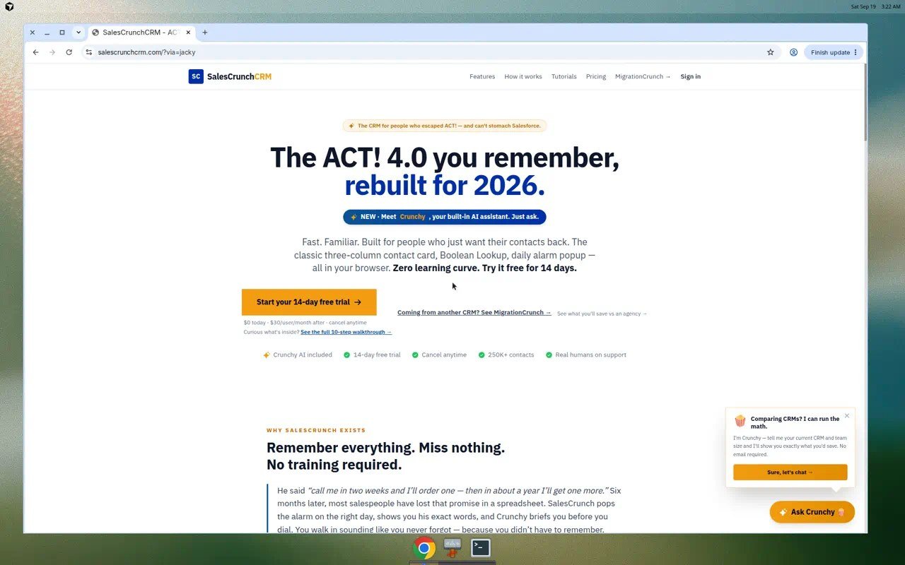 SalesCrunchCRM homepage positioning ACT! rebuilt for 2026