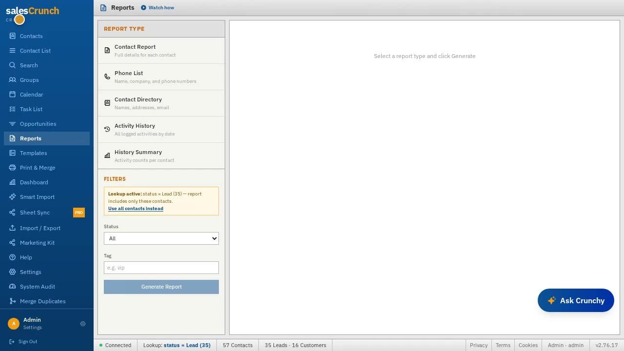 SalesCrunch Reports module listing contact and activity report types