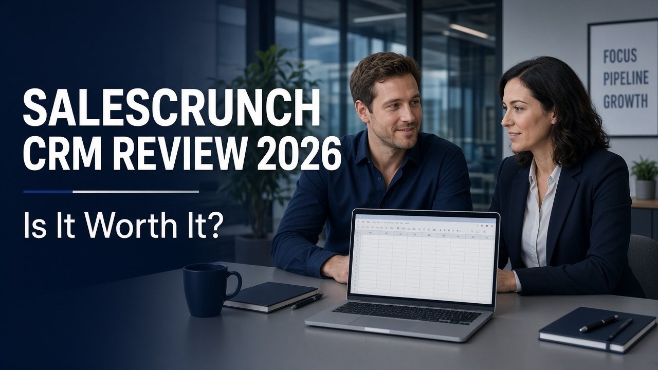 Small sales team at a laptop for a SalesCrunch CRM review 2026 editorial hero