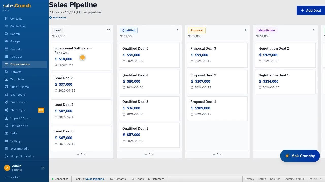 SalesCrunch Sales Pipeline kanban with deal stages and values