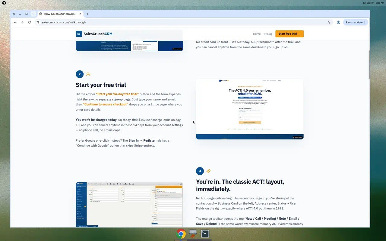 Official SalesCrunch walkthrough showing trial terms and ACT!-style contact layout