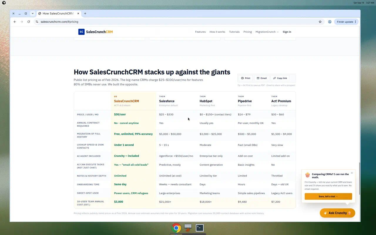 SalesCrunchCRM one-plan pricing at 30 dollars per user