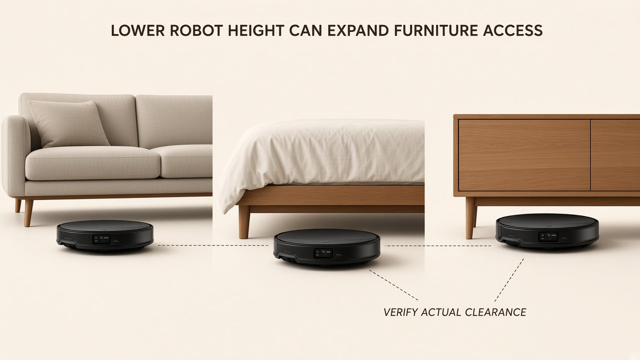 Ultra-slim Saros 10R approaching sofa bed and cabinet clearance
