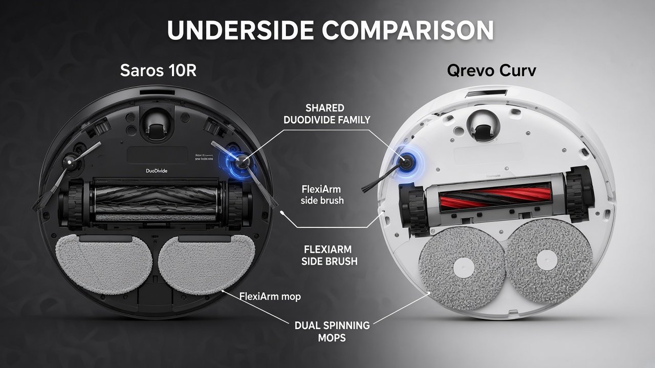 DuoDivide brush and dual spinning mop comparison Saros 10R and Qrevo Curv