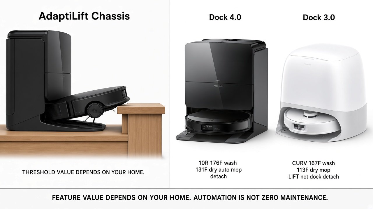 AdaptiLift threshold and dock differences Saros 10R versus Qrevo Curv