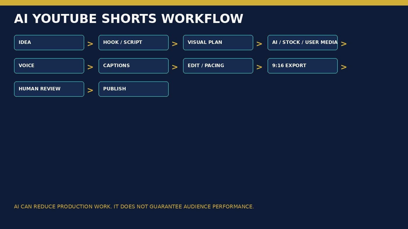AI YouTube Shorts workflow from idea through hook, media, voice, captions, 9:16 export, review, and publish