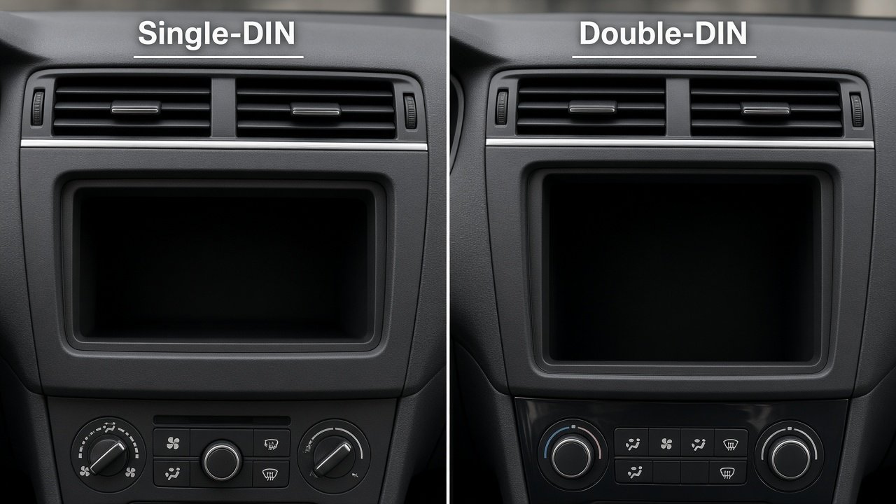 Car dashboard showing a shorter single-DIN radio opening next to a taller double-DIN opening
