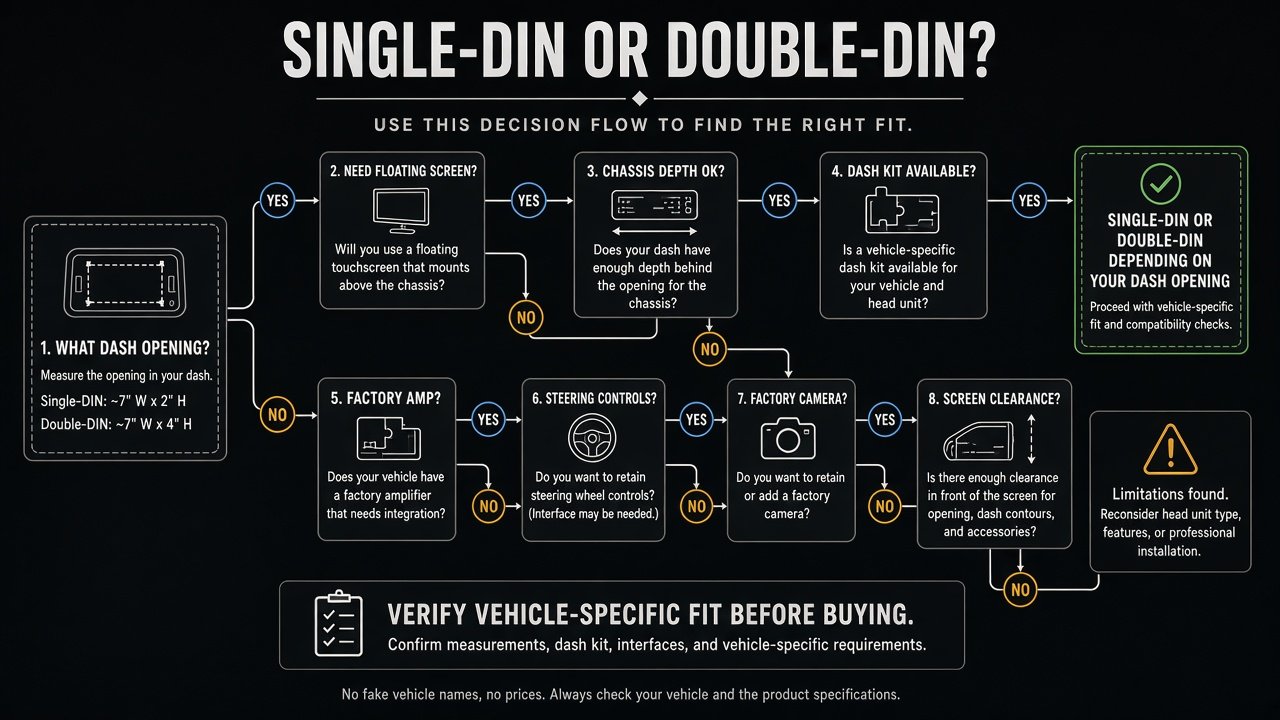 Decision flow for single-DIN or double-DIN based on opening, floating screen, depth, kit, amp, camera, and clearance