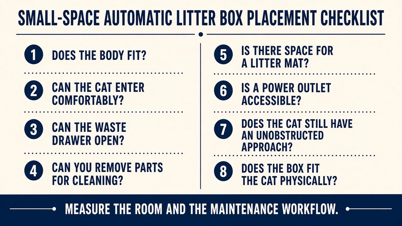 Eight-point small-space automatic litter box placement checklist
