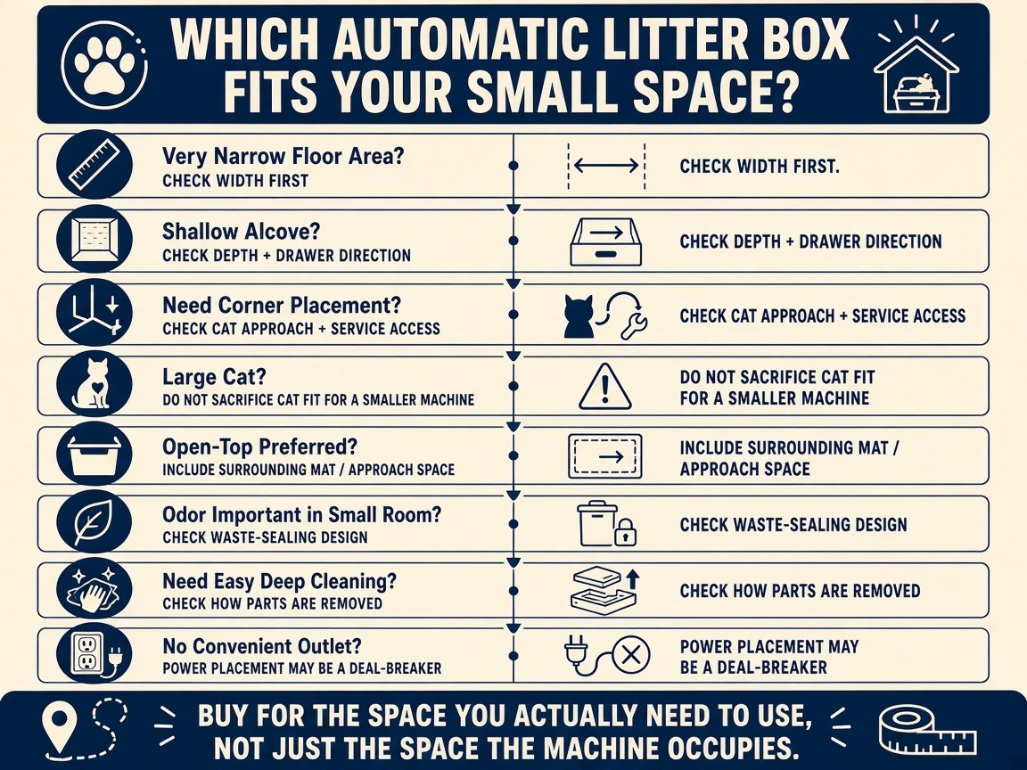 Decision infographic: which automatic litter box fits your small space?