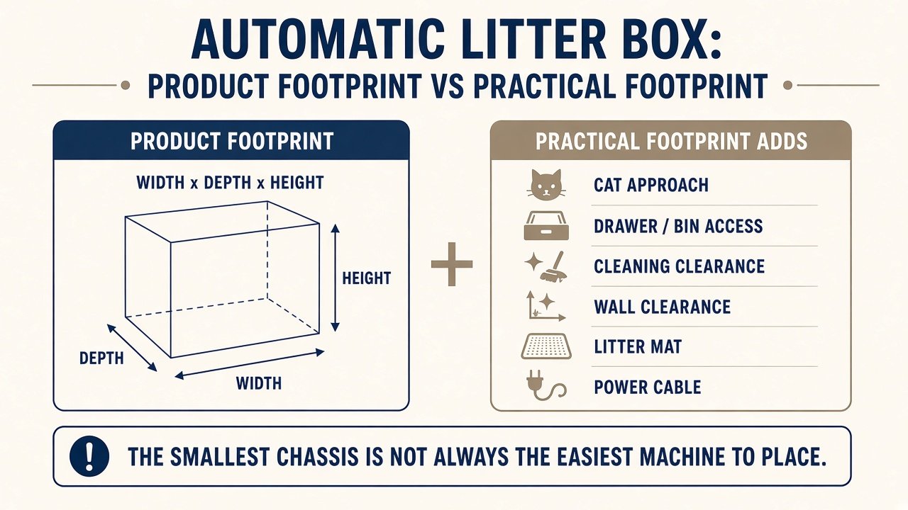 Graphic comparing product footprint with practical footprint including approach, drawer, cleaning, mat, and power
