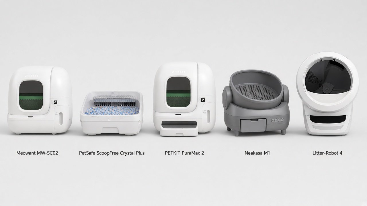 Five automatic litter box shapes from compact cube to low pan, cylinder, open-top bowl, and globe