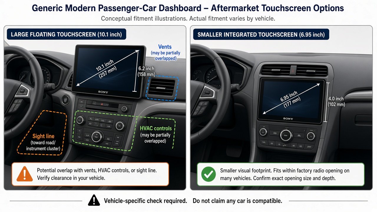 Concept dashboard showing floating large-screen clearance versus a compact integrated head unit