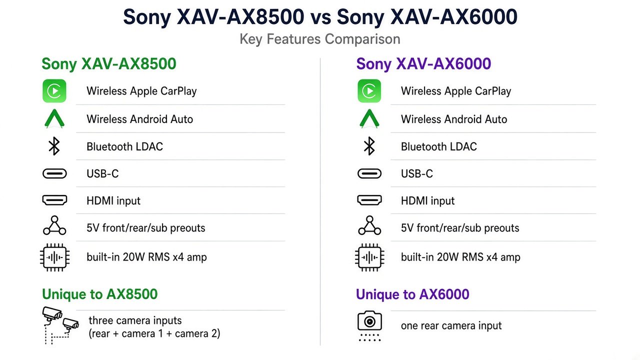 Sony XAV-AX8500 versus XAV-AX6000 smartphone, camera, and amplifier expansion comparison