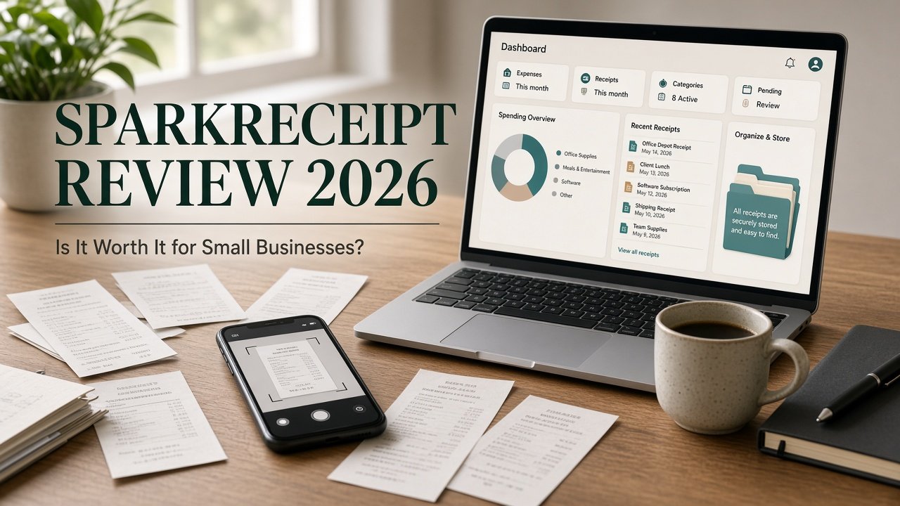 Small-business desk with paper receipts, a smartphone camera, and a conceptual digital expense dashboard for SparkReceipt Review 2026