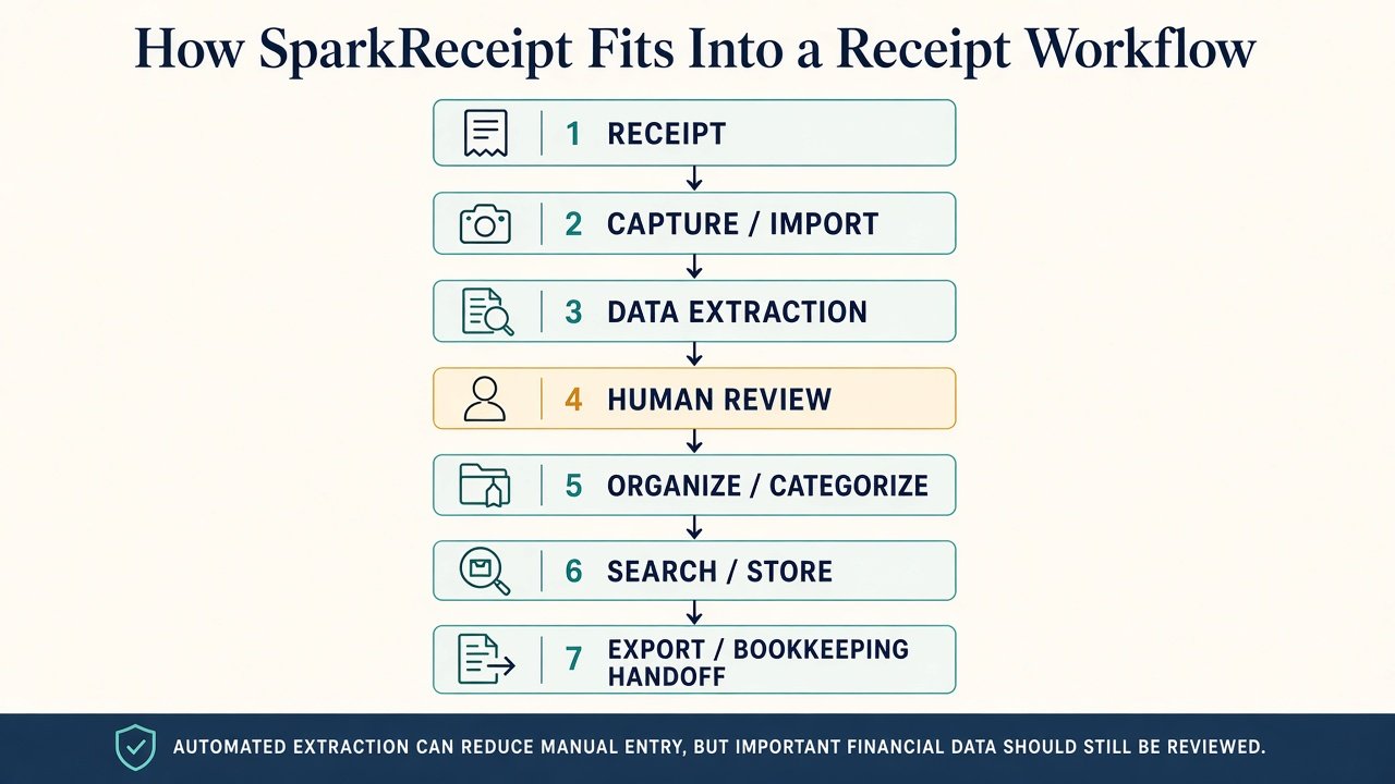 How SparkReceipt fits into a receipt workflow from capture and extraction through human review, organization, and export