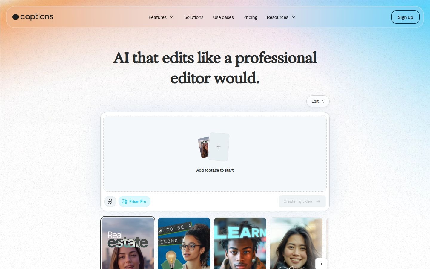 Captions homepage showing footage upload and AI editor positioning for social marketing video