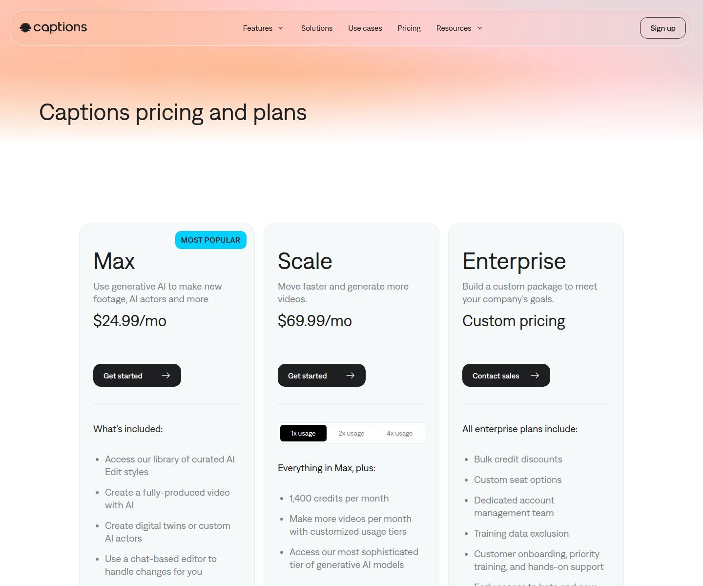 Captions pricing page showing Max and Scale plans with digital twins, AI Ads, and credit allotments