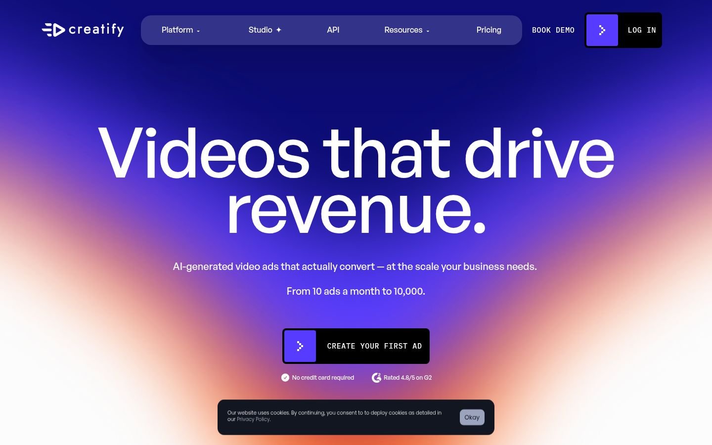 Creatify homepage showing URL-to-video product and AI-actor workflow for UGC-style ads