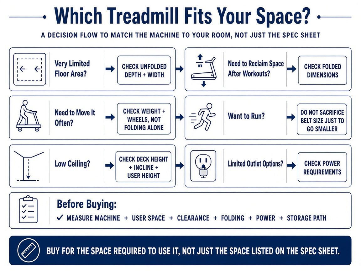 Decision graphic: treadmill fit by depth, fold, weight, belt, ceiling, power, and clearance