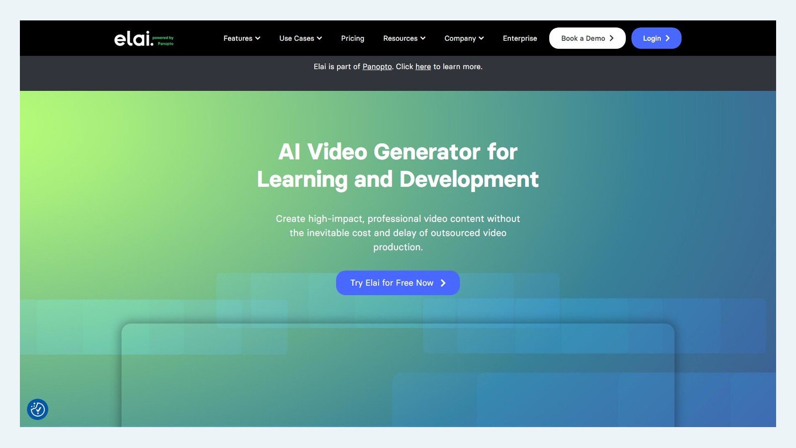 16 by 9 editorial canvas containing complete Elai homepage screenshot