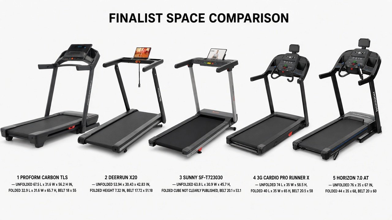 Five compact home treadmills: Carbon TLS, DeerRun X20, Sunny SF-T723030, Pro Runner X, Horizon 7.0 AT