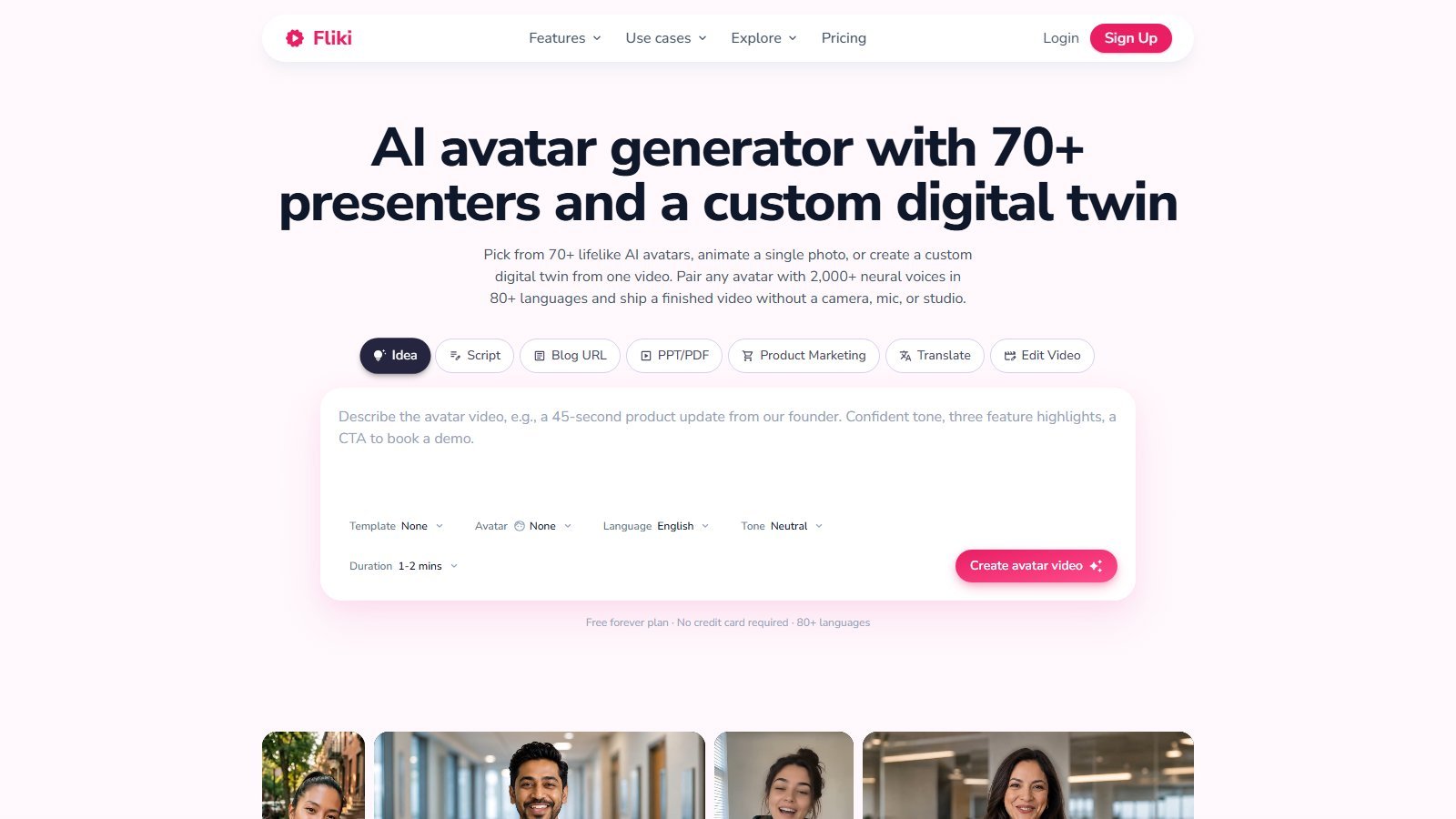 Fliki AI avatar generator page with 70+ presenters, Idea Script Blog URL tabs, and Create avatar video