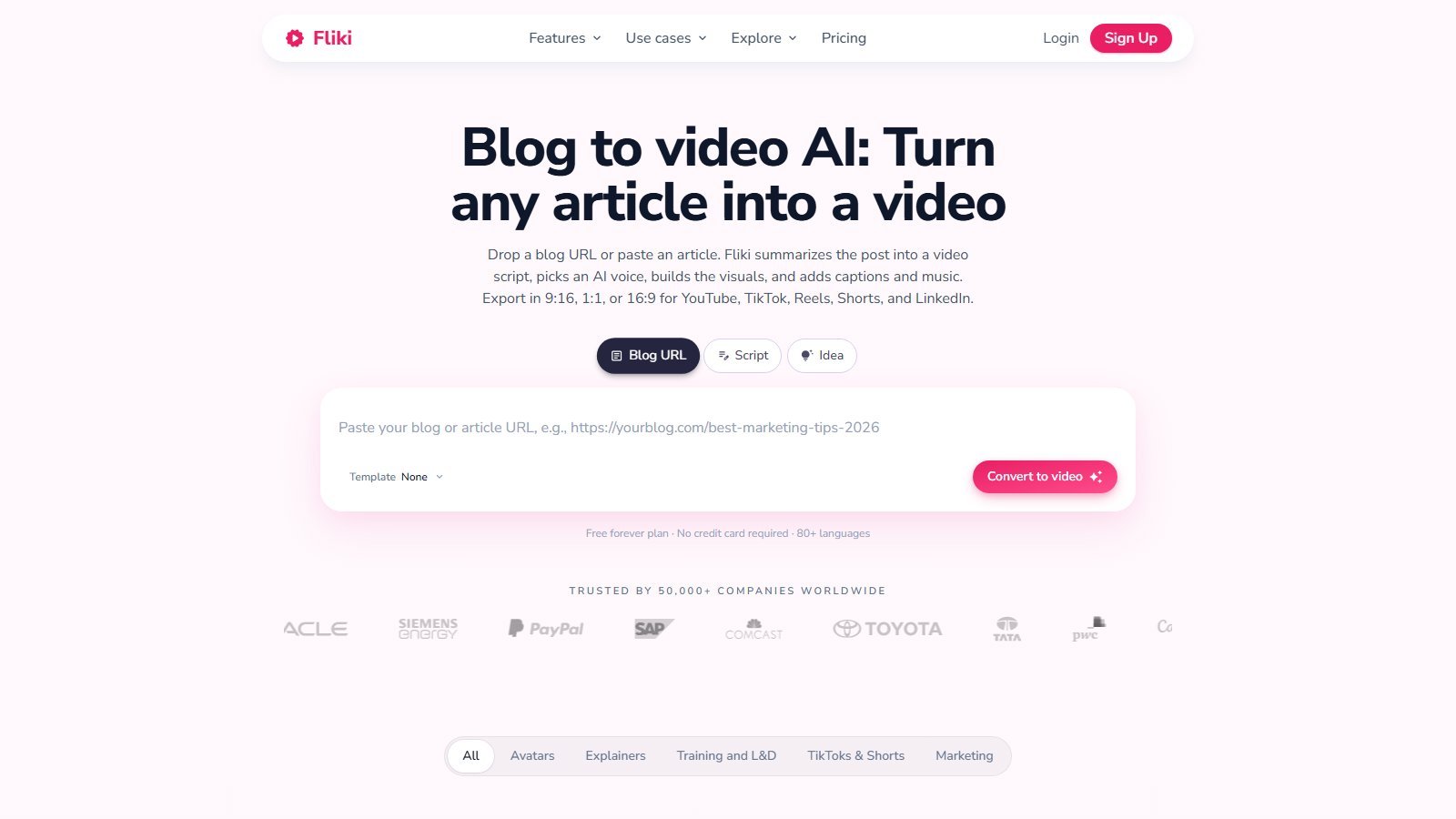 Fliki blog-to-video page with Blog URL Script Idea tabs and Convert to video