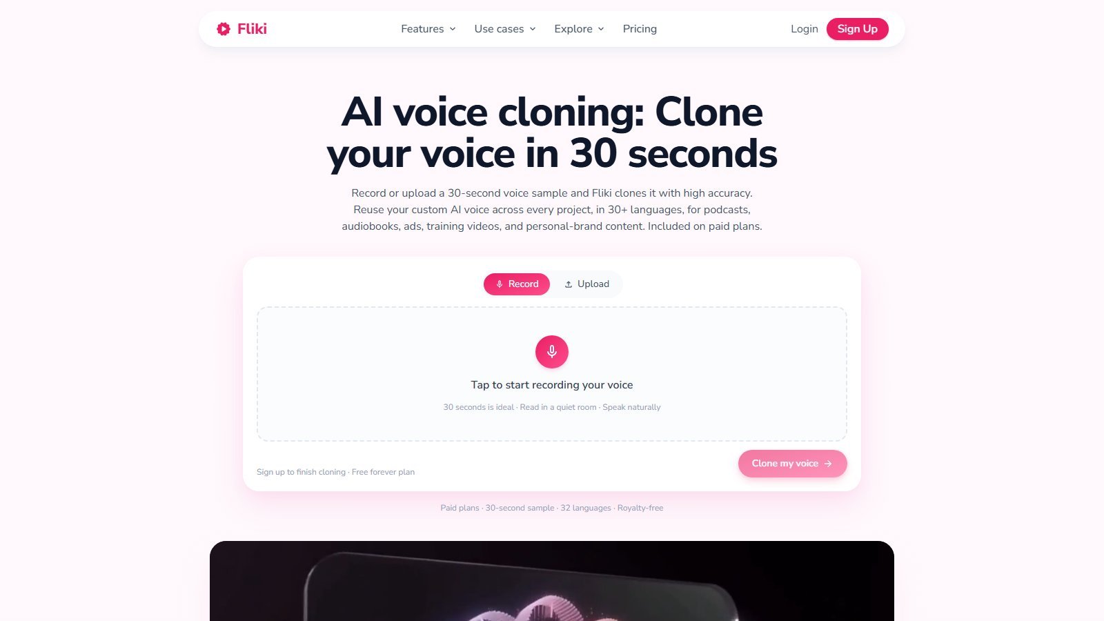 Fliki voice cloning page with Record and Upload tabs, 30-second sample, and Clone my voice button