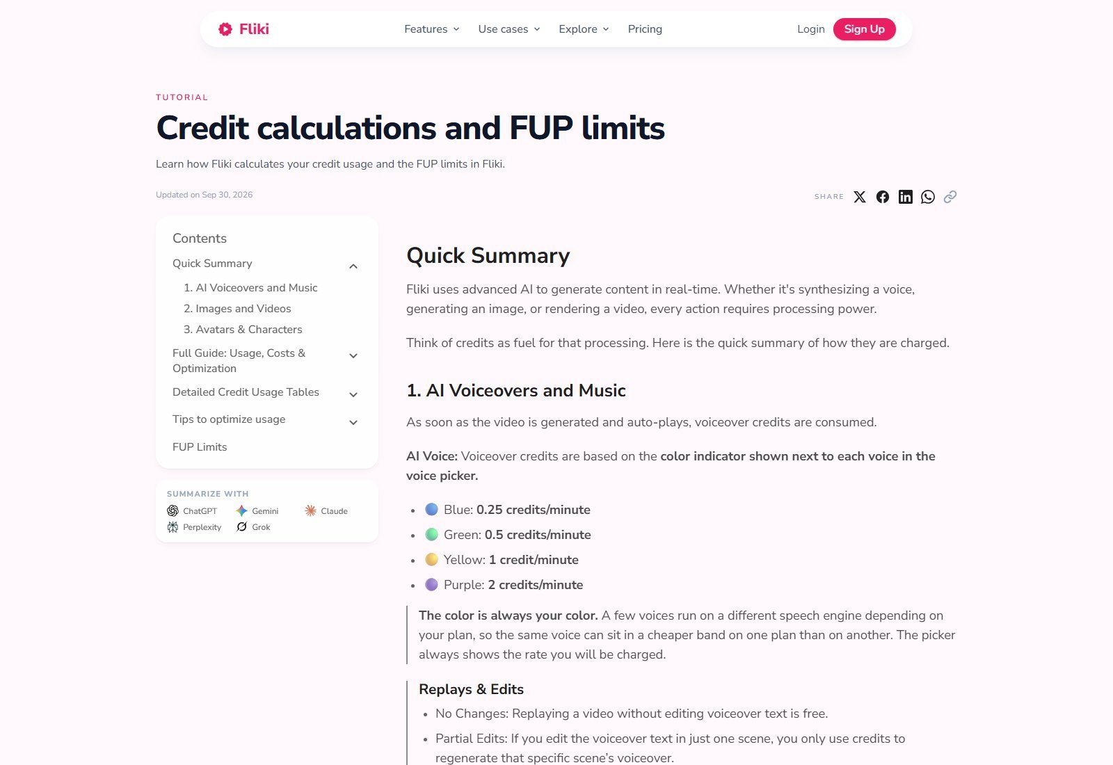 Fliki credit calculations and FUP limits tutorial showing voiceover credit bands of 0.25 to 2 credits per minute