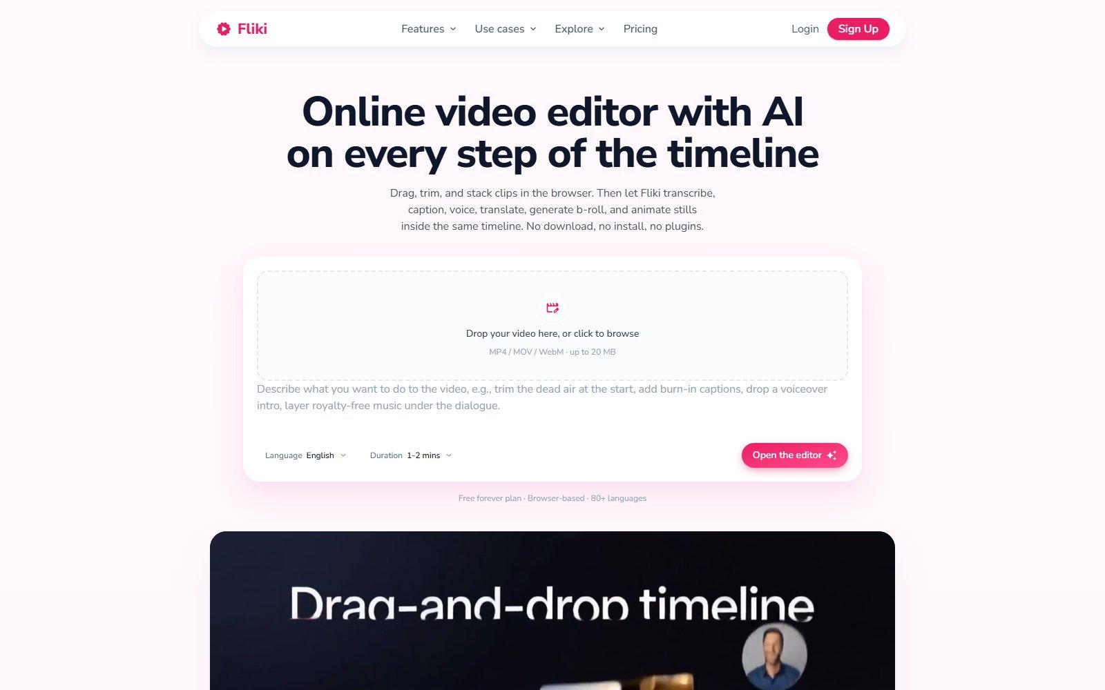 Fliki online video editor page with drag-and-drop upload, language, duration, and Open the editor