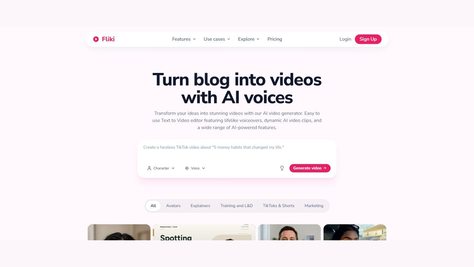 Fliki homepage hero contained in a 16:9 canvas without cropping the screenshot