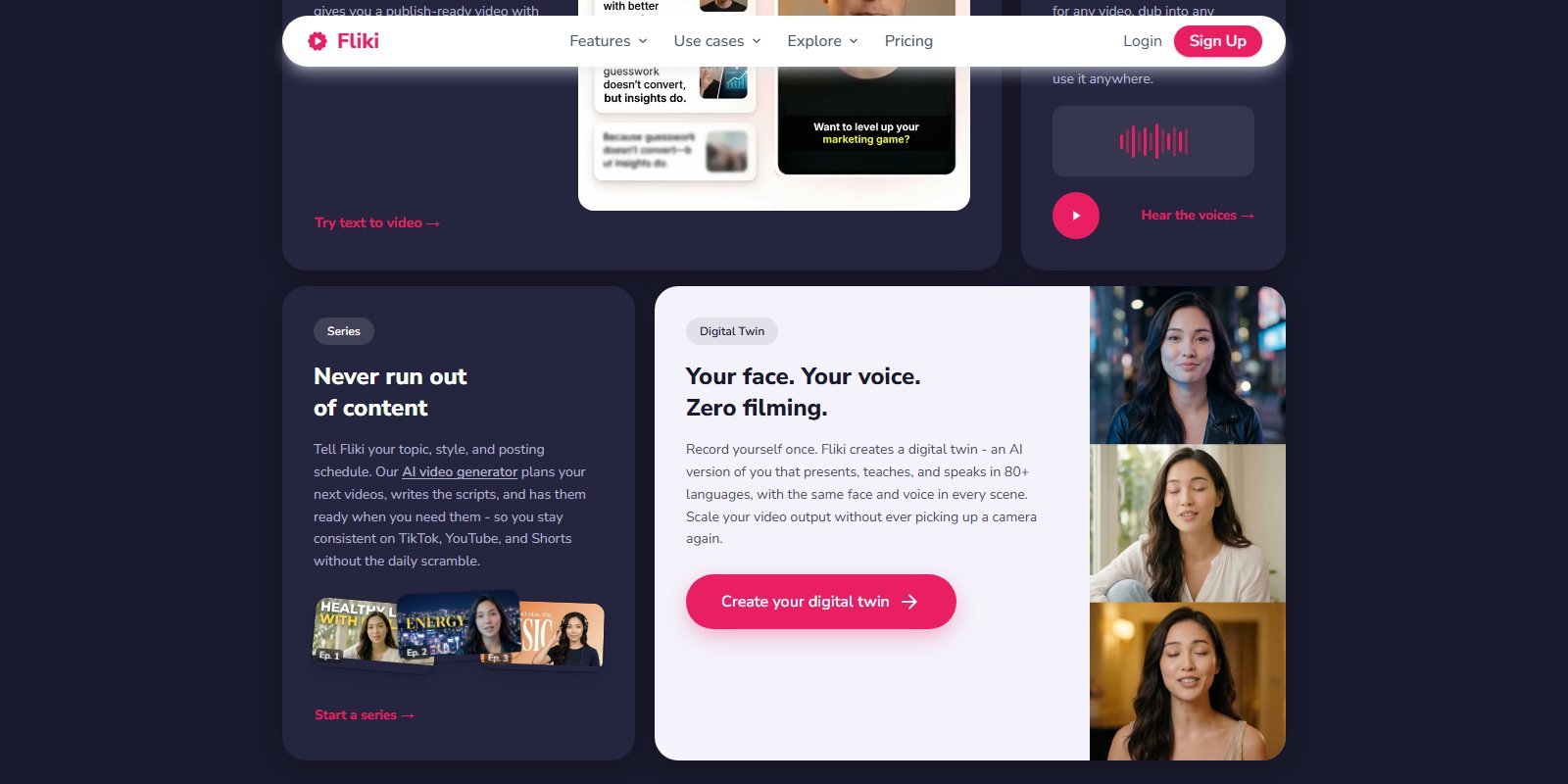 Fliki homepage Digital Twin section Your face Your voice Zero filming