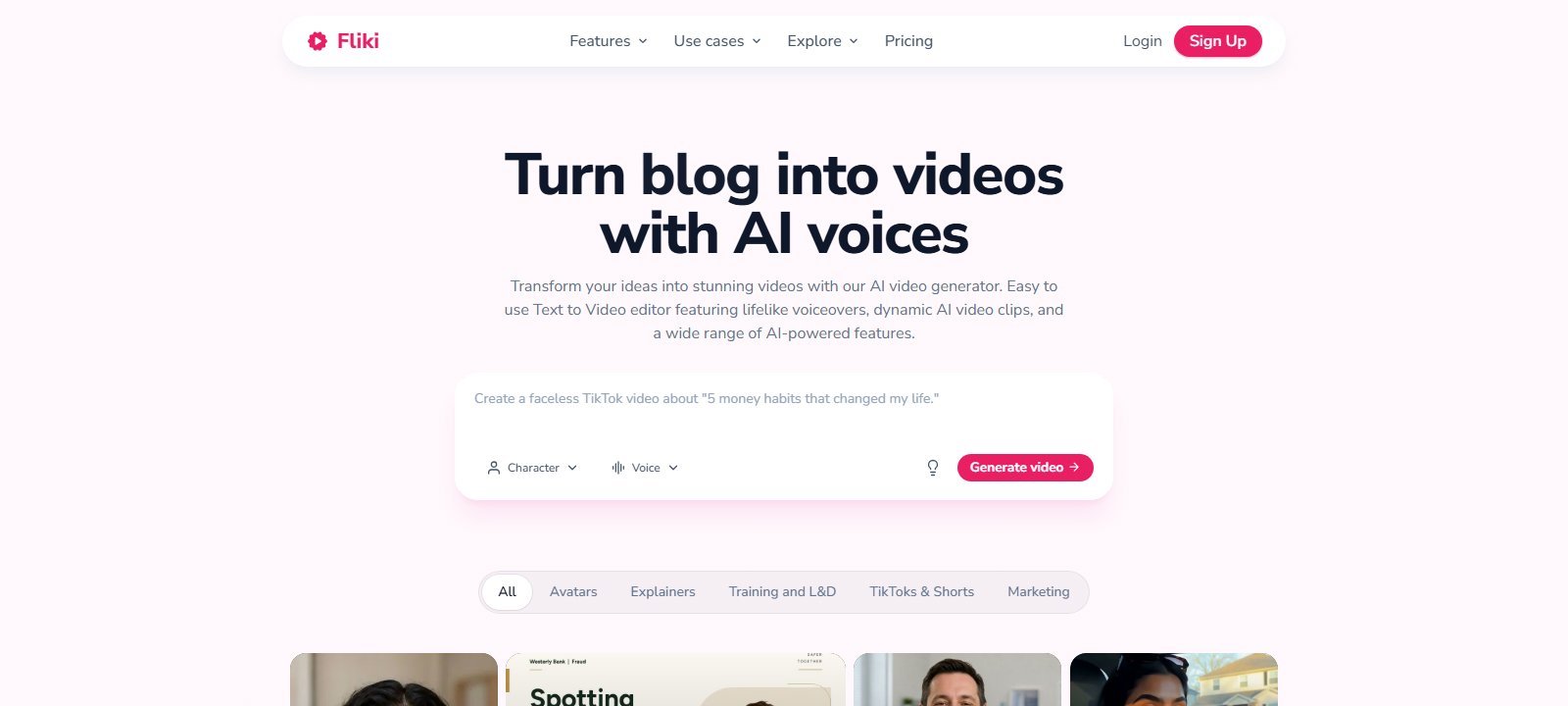 Fliki homepage with Turn blog into videos with AI voices headline, Character and Voice controls, and Generate video button