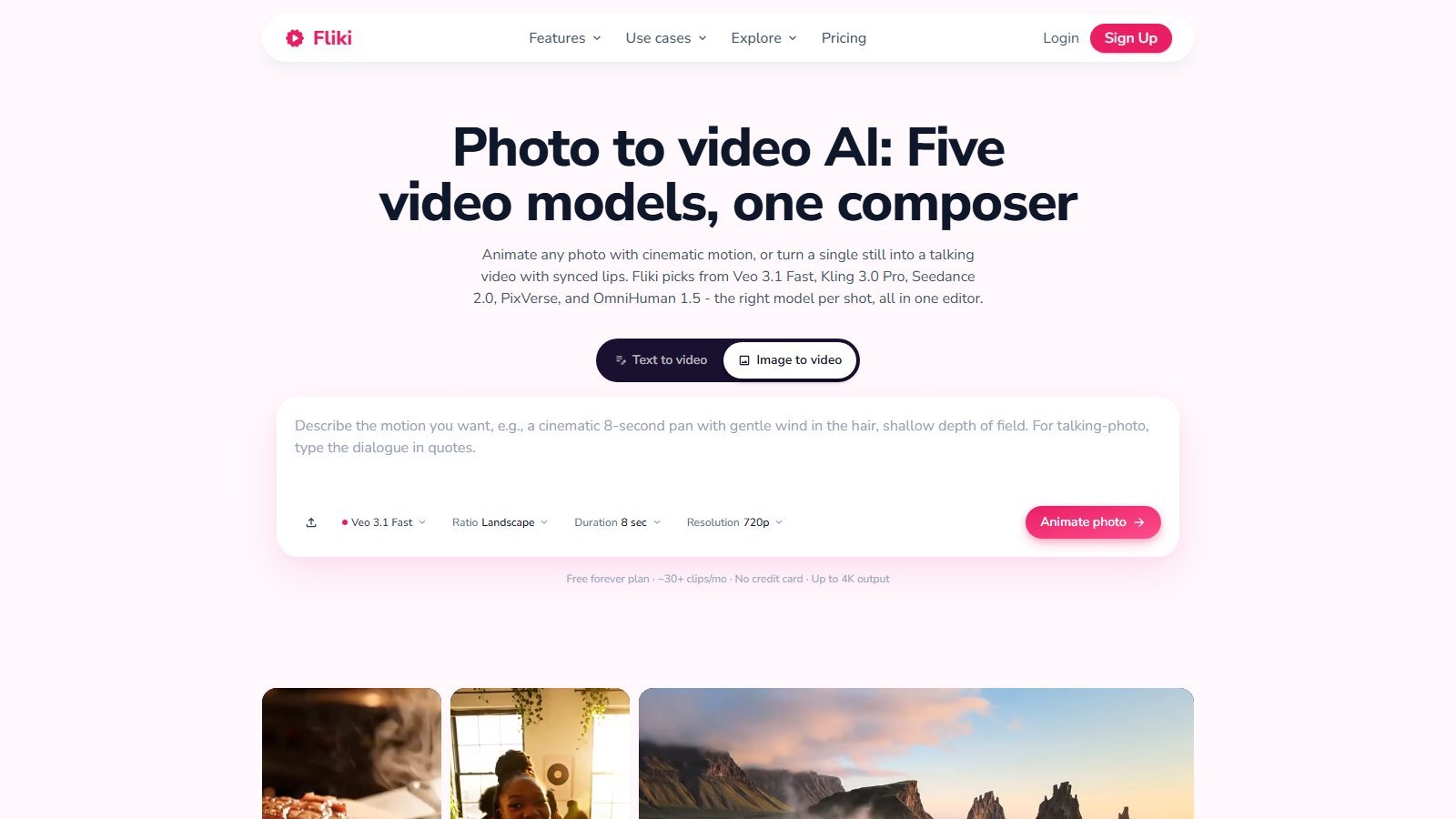 Fliki photo-to-video page with Veo 3.1 Fast, Landscape, 8 sec, 720p, and Animate photo