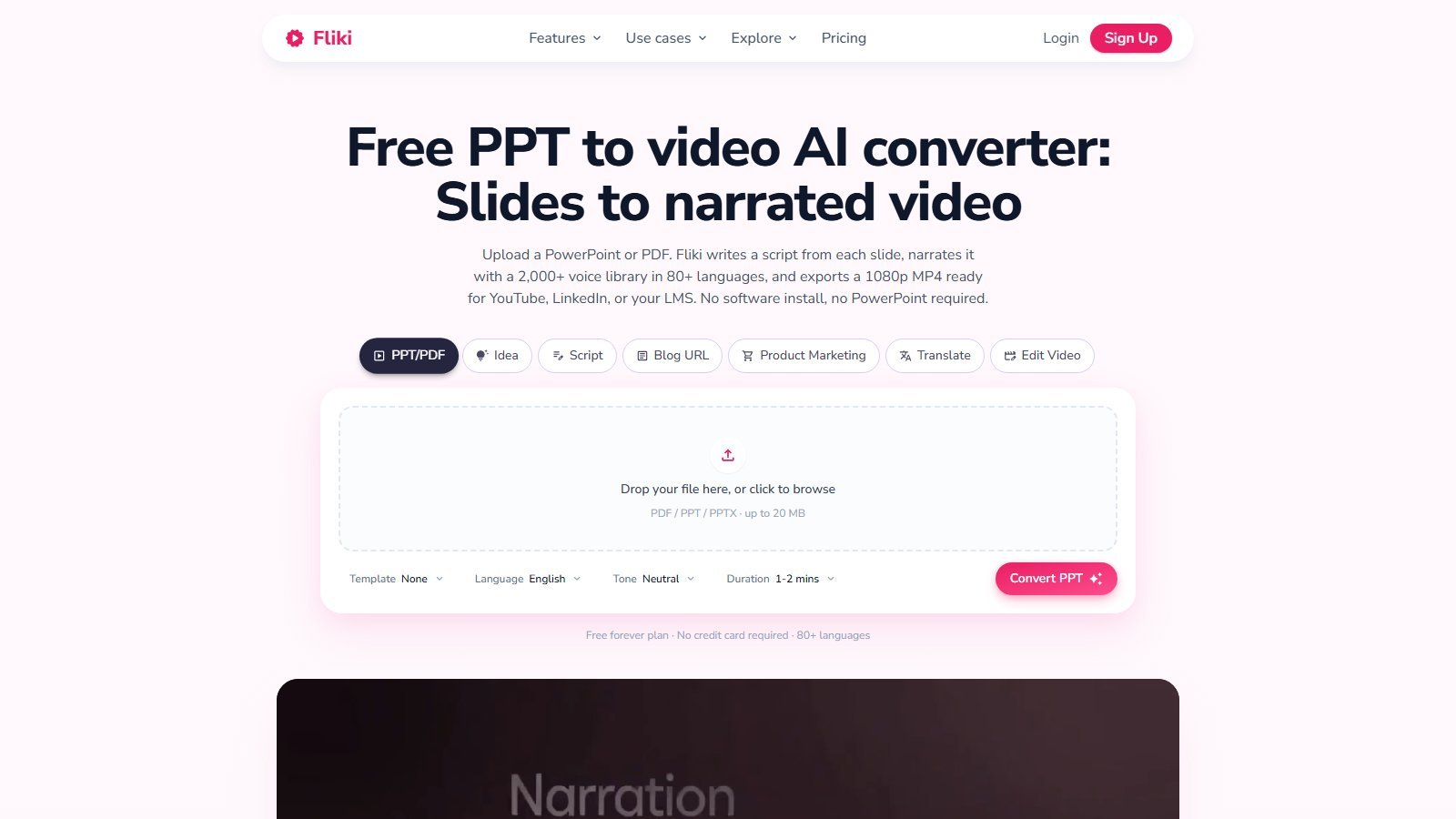 Fliki PPT to video converter with PDF PPT PPTX upload up to 20 MB and Convert PPT