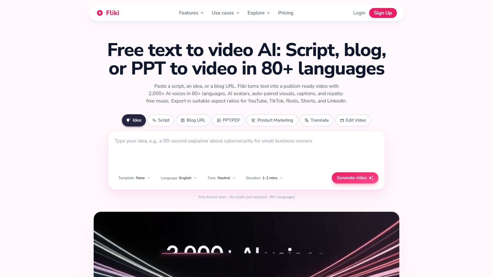 Fliki text-to-video page with Idea Script Blog URL PPT/PDF tabs, language tone duration, and Generate video