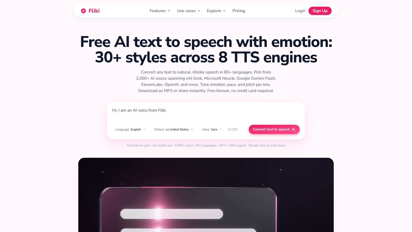 Fliki text-to-speech page showing language dialect voice Sara and Convert text to speech across 8 TTS engines