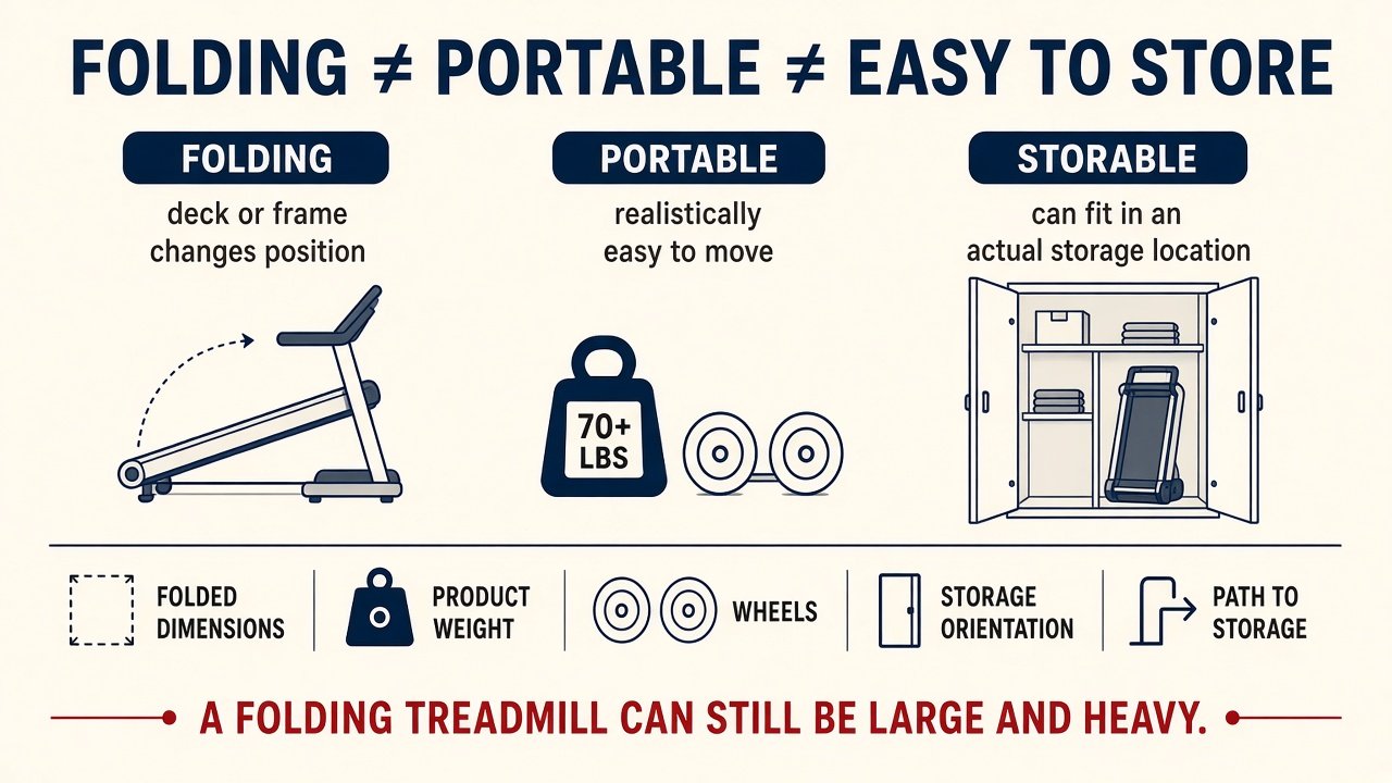 Graphic explaining folding, portable, and storable as different treadmill space ideas