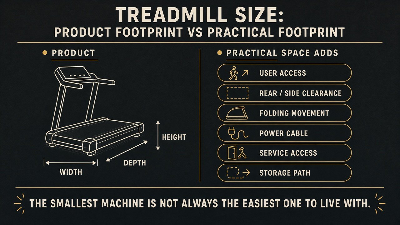 Graphic comparing treadmill chassis size with clearance, folding, power, and service space